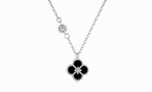 Silver Black Agate Clover Necklace