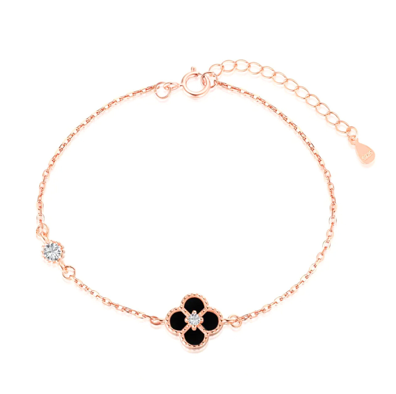 Rose Gold Black Agate Clover Bracelet